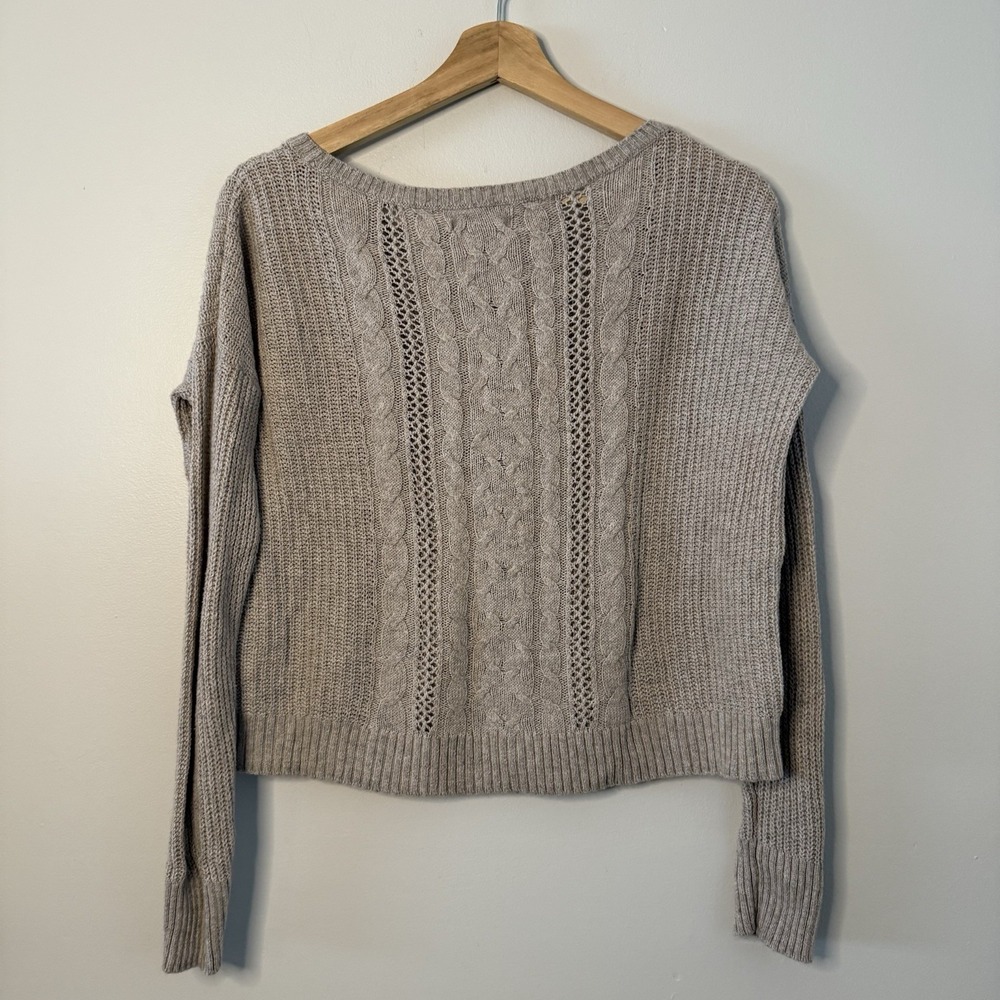 American Eagle Cable Knit Sweater Crew Neck Beige Soft Stretch Sz XS Cotton/Wool - Picture 7 of 7